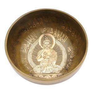 Tibetská mísa zdobená 978 g - průměr 17,5 cm Buddha ručně tepaná s paličkou