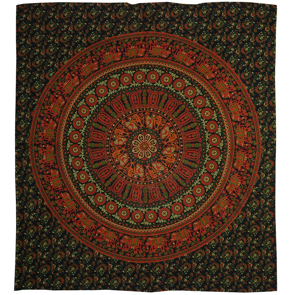 BOB Batik indický přehoz na postel Květy a sloni, červeno zelený 225 x 200 cm bavlna. King size. Dvoulůžko. | SoNo spol. s r.o.
