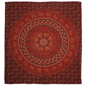 BOB Batik indický přehoz na postel Květy a sloni, sytě červený, 225 x 200 cm bavlna. King size. Dvoulůžko.