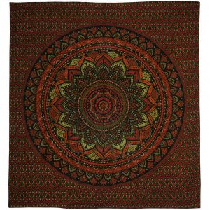 BOB Batik indický přehoz na postel Lotos Mandala, červeno zelený, 225 x 200 cm bavlna. King size. Dvoulůžko.