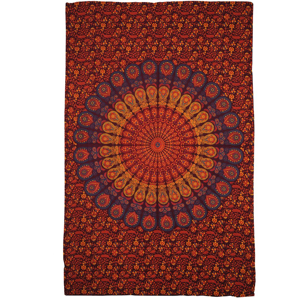 BOB Batik indický přehoz na postel Peacock Mandala, oranžovo červený, 210 x 135 cm, bavlna. Full size. Jednolůžko. | SoNo spol. s r.o.