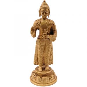 Kovová socha stojícího Buddhy 19 cm mosaz lesk