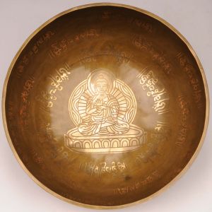 Tibetská mísa zdobená, gravírovaná 2190 g - průměr 26 cm Buddha, ručně tepaná s paličkou a podložkou