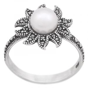 Stříbrný prsten s perlou a markazity Ag 3,8 g - 56 | SoNo spol. s r.o.